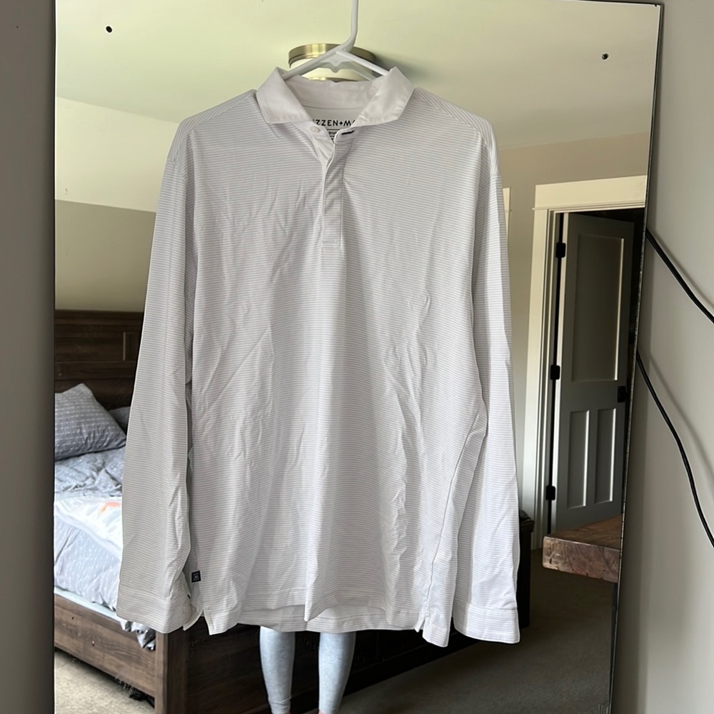White long sleeve men’s polo with light gray stripes- size M